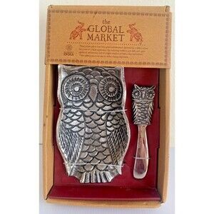 Global Market Cast Metal Owl and Spreader Set Handcrafted in India New in Box